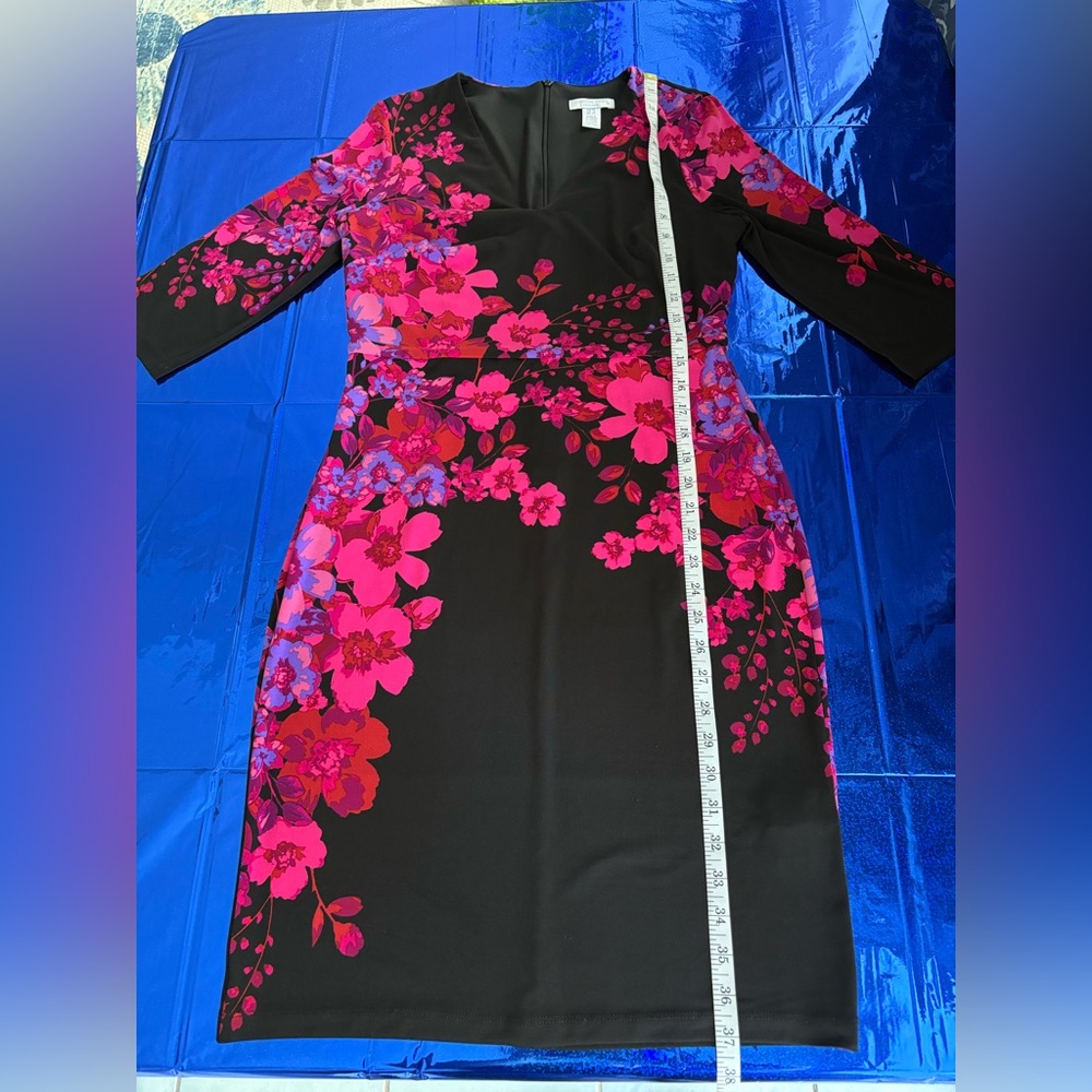 London Times Black Sheath Dress with Hot Pink Floral Print - Picture 7 of 11